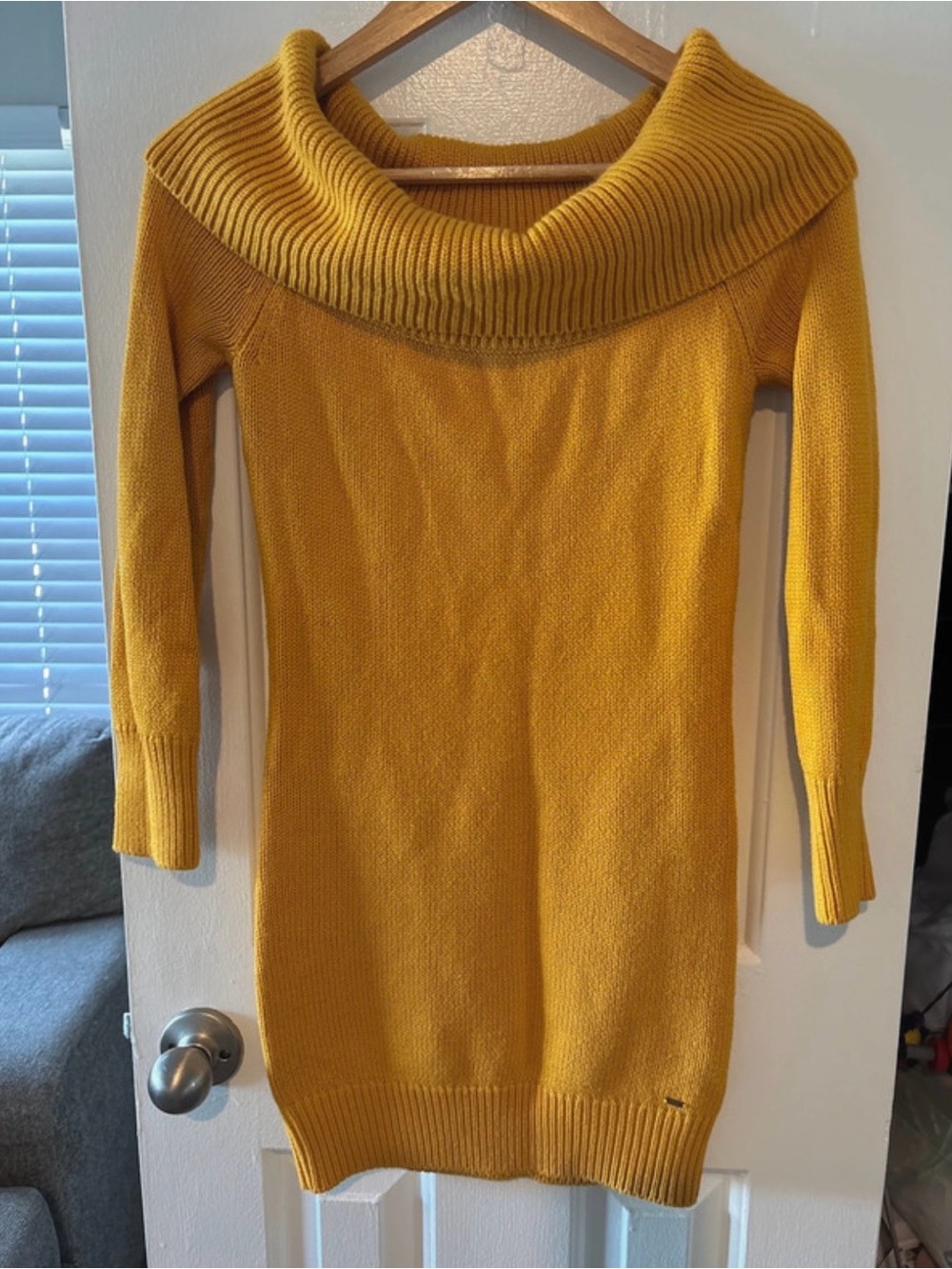 Guess Mustard Yellow Off-Shoulder Knit Mini Dress